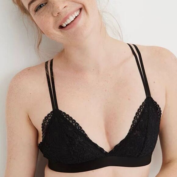 NWOT Aerie Women's Black Floral Far Out Lace Strappy Triangle Unlined Bralette s - Picture 2 of 6